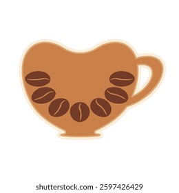 Mug with coffee beans. Sticker, label, badge, emblem for barista, menu, shop, cafeteria, cafe, coffee lovers. Vector illustration in flat style.