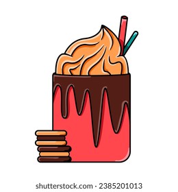Mug of coffee with caramel cream and cookie. Hot drink in line art style. Vector illustration isolated on a white background.