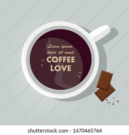 Mug with coffee and chocolate on the table. Top view. Vector Illustration
