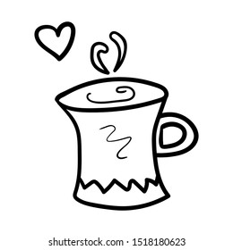 Mug with coffee or cocoa. Coloring page, Coloring book. Contour. Favorite hot drink. Doodle illustration. Symbol of celebration and comfort. New Year's and Christmas. Cozy Home. Vector. 