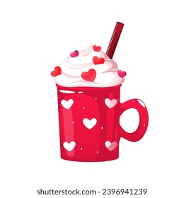 Mug with coffee, cocoa, hot chocolate, cream, decorative hearts. Hot drink for Valentine's Day. Vector illustration.