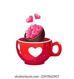 Mug with coffee, cocoa, hot chocolate, chocolate bomb, decorative hearts. A hot drink for Valentine's Day. Vector illustration.