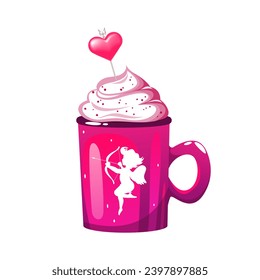 A mug with coffee, cocoa, hot chocolate, cream, decorative hearts. A hot drink for Valentine's Day. Vector illustration.