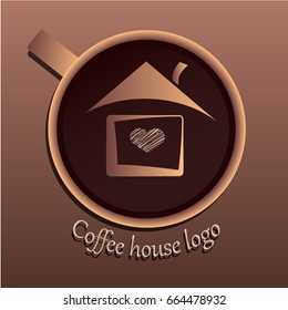 Mug with coffee. A cup of coffee. Coffee house logo. Brown logo. Vector illustration. 