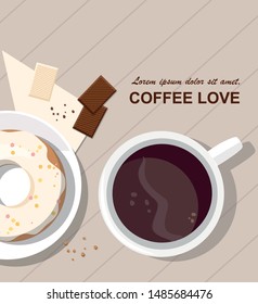 Mug with coffee, donut and chocolate on the table. Top view. 