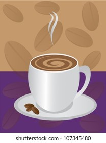 mug with coffee drink and a small dish of coffee beans