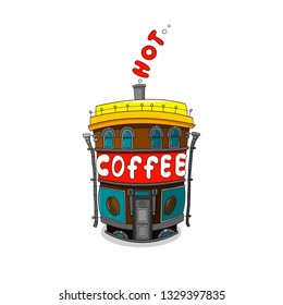 A mug of coffee in the form of buildings. Vector illustration isolated on white background.