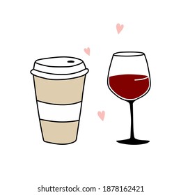 Mug of coffee and glass of wine. Vector flat illustration isolated on a white background. Good for posters, textiles, t shirts.