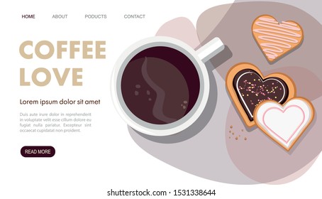 Mug with coffee and heart shaped cookies. Top view. Landing page. Vector Illustration