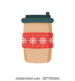 A mug of coffee for the holiday of Christmas. A Christmas mug of hot chocolate or a winter cup of cappuccino and latte. Vector illustration, icon, flat style.