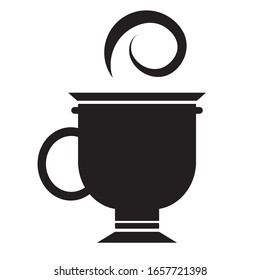 A mug of coffee or hot tea and steam is isolated on a white background as a logo or emblem for design. Silhouette vector stock illustration with black glass for coffee or coffee shop