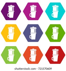 Mug for coffee icon set many color hexahedron isolated on white vector illustration