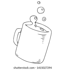 Mug with coffee icon. Vector illustration of a mug with liquid. Hand drawn mug with splashes.