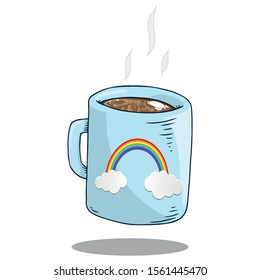 Mug with coffee icon. Vector illustration of a mug with cocoa cappuccino. Hand drawn hot mug with rainbow.