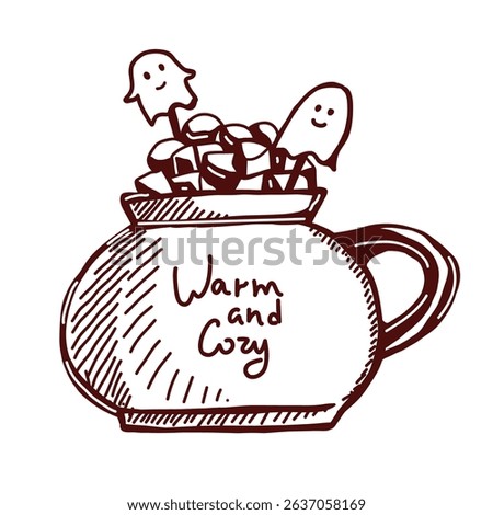 A mug of coffee with marshmallows decorated with small ghosts on top. Cozy autumn drink illustration. Hand-drawn sketch vector perfect for Halloween designs.