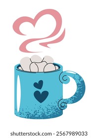 Mug with coffee and marshmallows in flat cartoon style. Cup with cocoa on white background. Vector illustration for Valentine's day for cards, stickers, banners, etc.