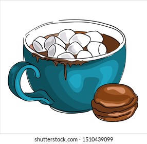 
Mug of coffee with marshmallows and macarons