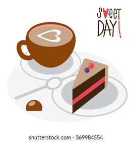 Mug of coffee with milk, candy and piece of pie in vector. The slice of sweet cake with berries. Breakfast illustration with inscription. Cup of cappuccino and dessert. Flat design elements food.