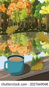Mug of coffee on the background of the autumn forest - Vector illustration