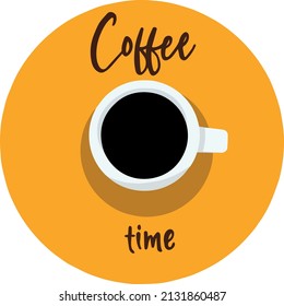 Mug of coffee on a yellow background with the inscription coffee time