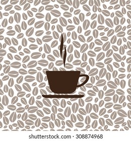 Mug with coffee. Mug with coffee seamless background of coffee beans. Vector illustration