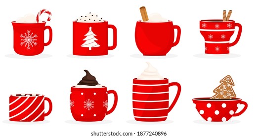 Mug of coffee set for the holiday of Christmas. Set a winter holiday Christmas cup with a hot drink.Cocoa with marshmallows, winter warming drinks and a cup of hot espresso. Vector illustration