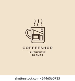 A mug with coffee shop facade line art outline logo design concept. Minimal cafe icon