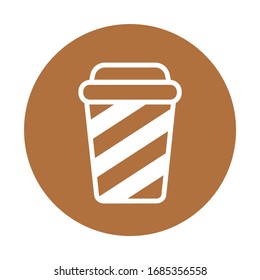 Mug with coffee, tea, milkshake icon. Vector illustration with stylized coffee mug. Design template for sticker, badge, banner, sign