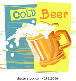 Mug of cold beer on a blue and yellow background vector, banner, foam.