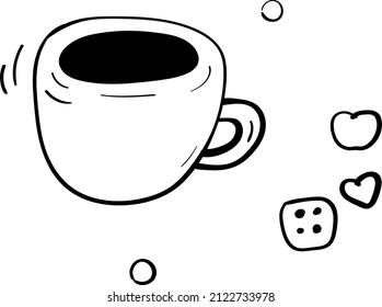 Mug and cookies for coloring. Cozy vector doodle Illustration