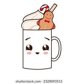 A mug with a cream and gingerbread man. Happy kawaii character. Vector illustration