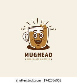 Logotipo del personaje de la mascota de la cabeza de la taza de taza de taza para chocolate y café café restaurante logo de negocios icono en estilo de caricatura retro vintage