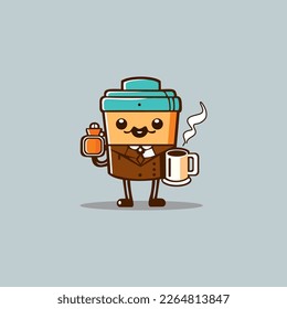 Mug cup head mascot character logo for chocolate and coffee cafe restaurant business logo icon in retro vintage cartoon style
