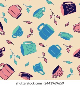 Mug Cup with leaves Seamless Pattern Vector illustration for Print, Wallpaper, Decoration.