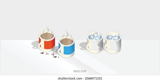 Mug cup with red, blue, white colored with isometric 3D illustration.
