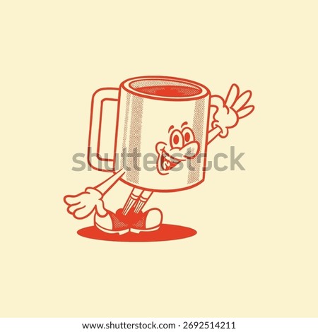 mug cup retro cartoon character mascot illustration with happy face for drink product, plantation, grocery, health food, cafes mascots and merchandise. groovy, vector, icon, tea, coffee, coloring book