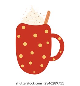 Umarmte Tasse mit gepeitschter Sahne, handgezeichnete Cartoon-Illustration mit Zimtstangen. Flaches Design, einzelne Vektorgrafik. Kleinkinder Herbst, Herbstdruckelement, saisonales warmes Getränk, Kaffee, Kakao, Schokolade, Getränk