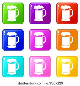 Mug of dark beer icons of 9 color set isolated vector illustration