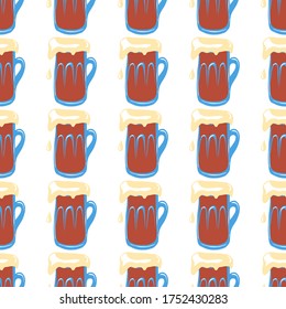 Mug with dark beer. Seamless pattern. Octoberfest background. Alcohol beverage concept.