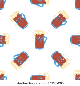 Mug with dark beer. Seamless pattern. Octoberfest background. Alcohol beverage concept.