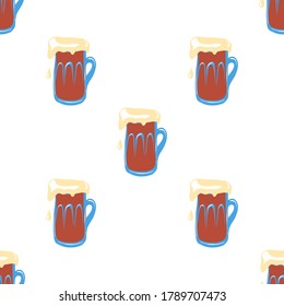 Mug with dark beer. Seamless pattern. Octoberfest background. Alcohol beverage concept.