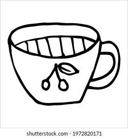 Mug decorated with cherries in doodle style. Isolated outline. Hand drawn vector illustration in black ink on a white background.