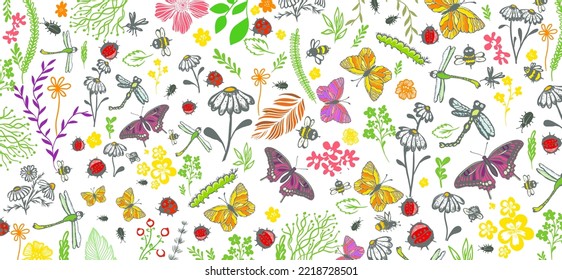 Mug design with flowers and insects. Horizontal background with cute insects and flowers. Vector illustration