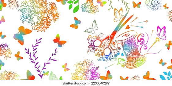 Mug design as a gift for a seamstress. Scissors and thread. Gift for Christmas. Vector illustration