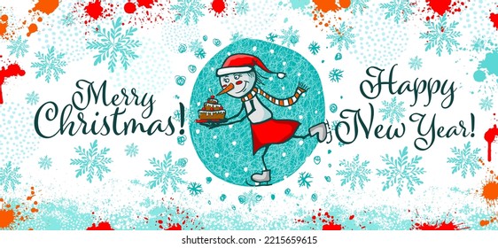 Mug design merry christmas and happy new year with snowman. Mom is a snowman with a cake in her hands. Vector illustration