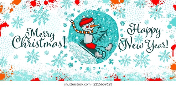 Mug design merry christmas and happy new year with snowman. The boy is a snowman with a Christmas tree in his hands, sledding. Vector illustration