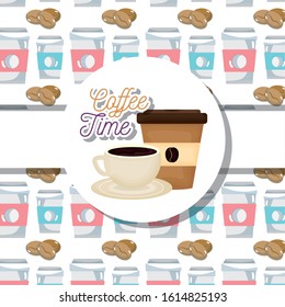 mug in dish and disposable cup fresh beverage coffee time vector illustration