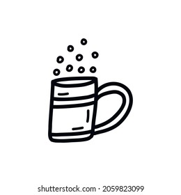 Mug with a drink with bubbles. Black and white vector isolated illustration hand drawn doodle