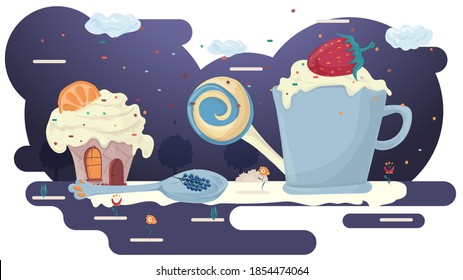 Mug with a drink, and foam with strawberries, and a cupcake in a glade of icing among the trees of flowers, flat vector illustration for design design
