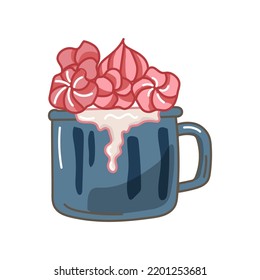 Mug with drink and marshmallows. Vector illustration isolated on white background.